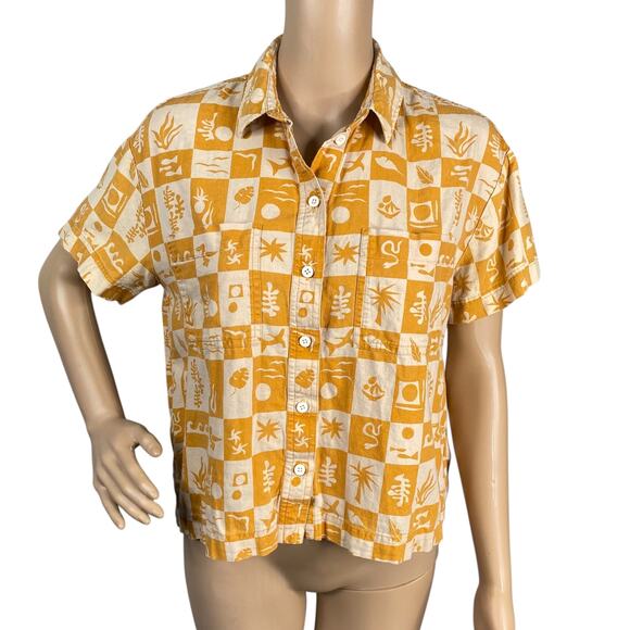 Madewell Orange Beige Checker Tropical Print Linen Blend Button Down Shirt SZ XS - Picture 2 of 9